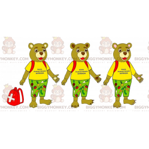 3 BIGGYMONKEY™s beige bear mascots dressed in colorful outfits