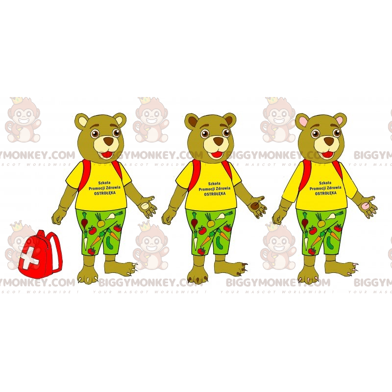 3 béžoví maskoti medvěda BIGGYMONKEY™ v barevných oblecích –