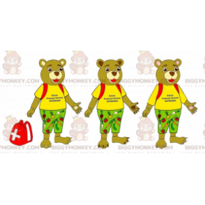 3 BIGGYMONKEY™s beige bear mascots dressed in colorful outfits