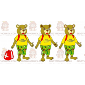 3 BIGGYMONKEY™s beige björnmaskotar klädda i färgglada kläder -