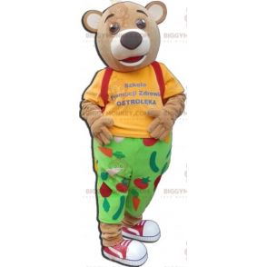 3 BIGGYMONKEY™s beige bear mascots dressed in colorful outfits