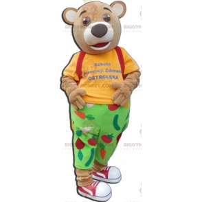 3 BIGGYMONKEY™s beige björnmaskotar klädda i färgglada kläder -