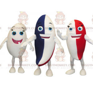 3 mascotes de personagens de pasta de dente coloridas do