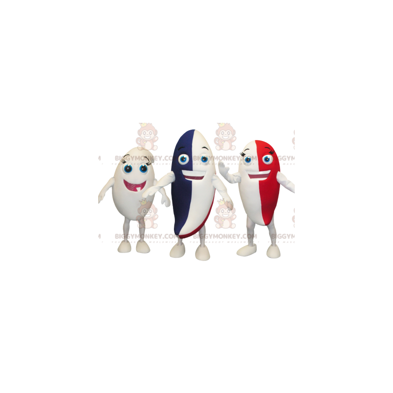 3 mascotes de personagens de pasta de dente coloridas do