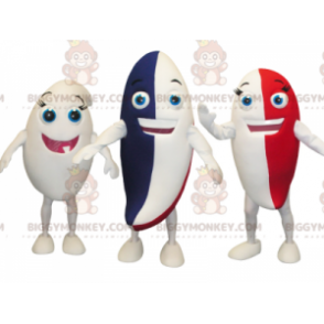 3 mascotes de personagens de pasta de dente coloridas do