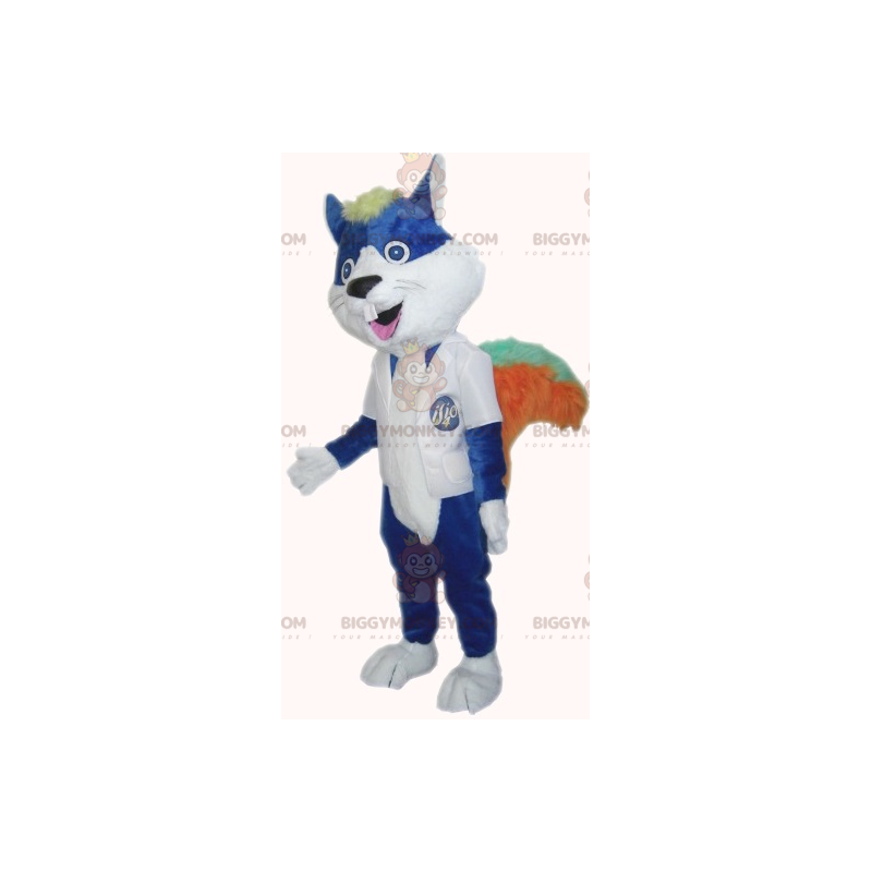 Kostium maskotka niebieski kot gryzoń z dużymi zębami