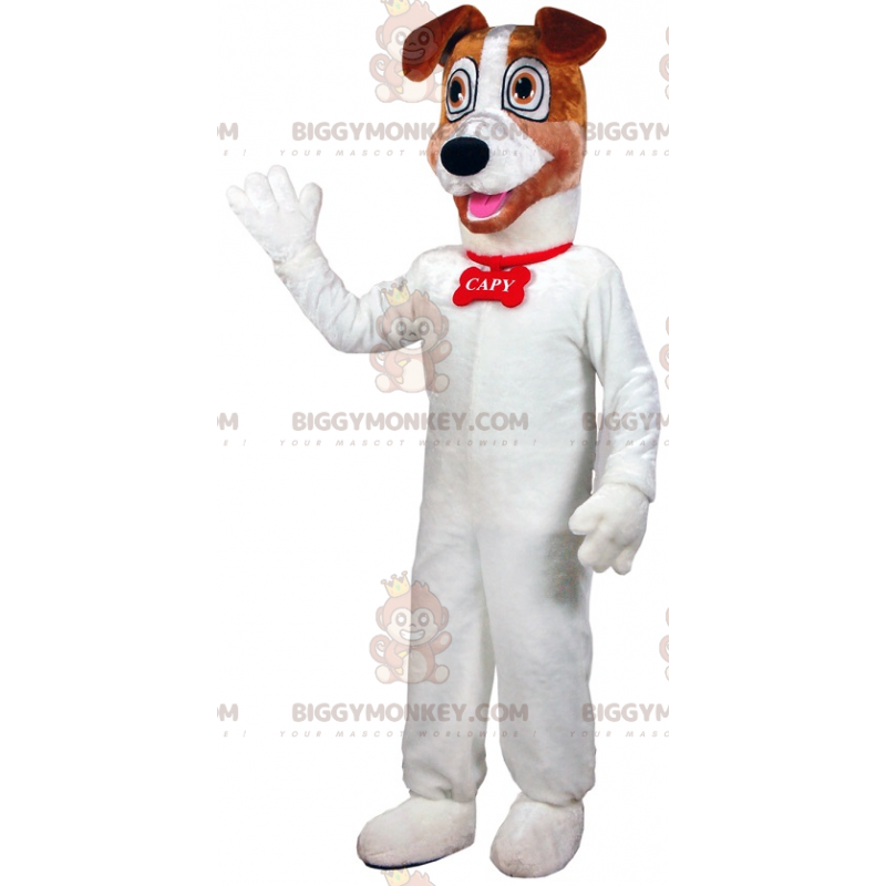 Traje de mascote BIGGYMONKEY™ para cachorro branco e marrom.