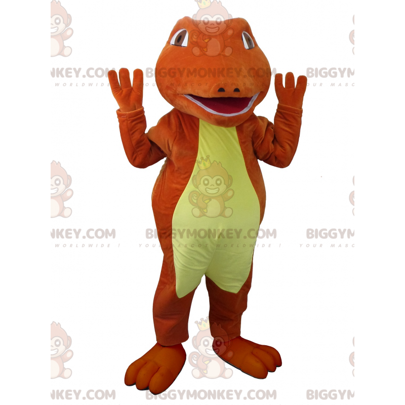 Costume de mascotte BIGGYMONKEY™ de crocodile rouge et jaune.