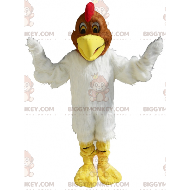 Blød og lodnet hvid og brun kylling BIGGYMONKEY™ maskotkostume