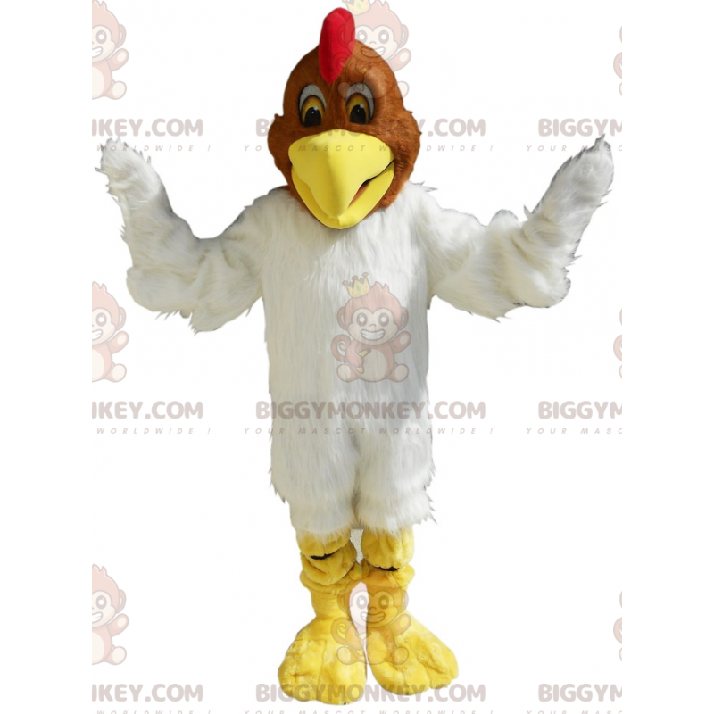 Costume mascotte BIGGYMONKEY™ pollo bianco e marrone morbido e