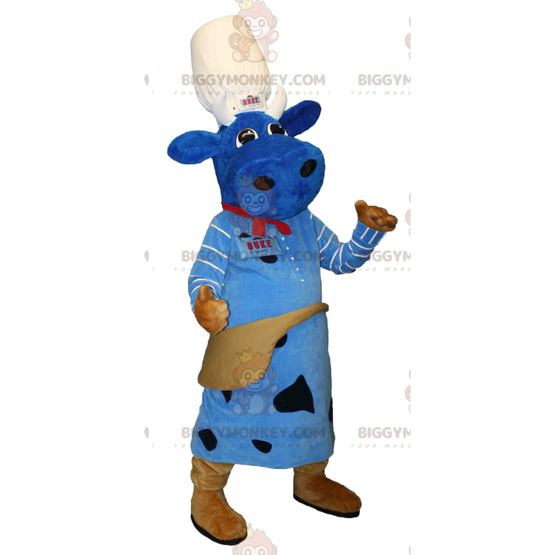 Costume de mascotte BIGGYMONKEY™ de vache bleue avec une toque.