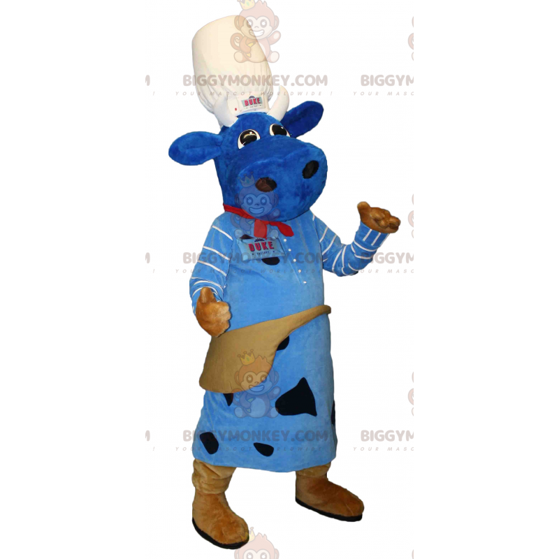 Sinisen lehmän BIGGYMONKEY™ maskottiasu hatulla. Macotte Duken