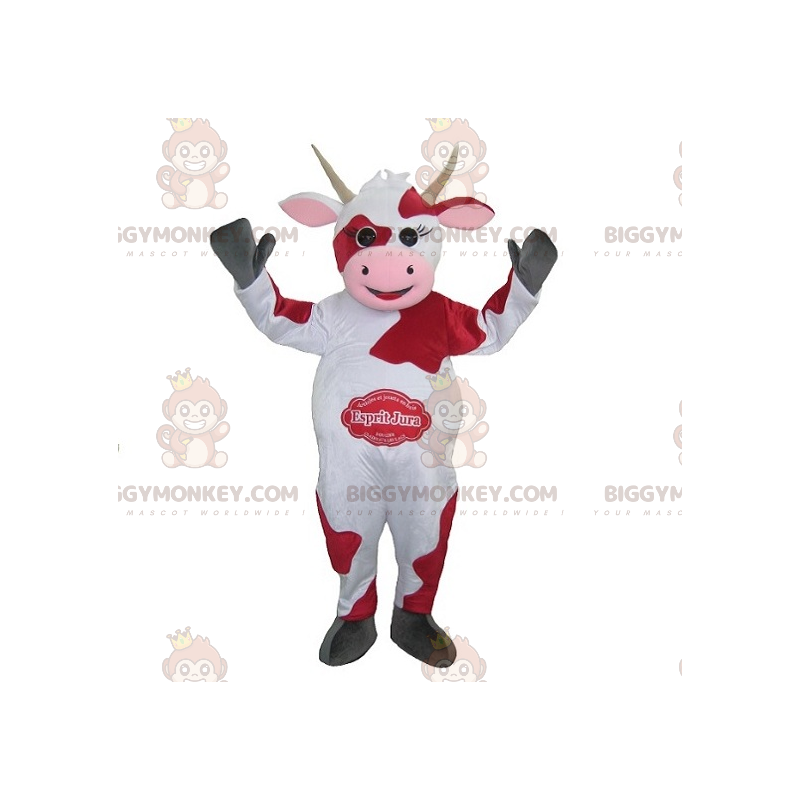 Traje de mascote BIGGYMONKEY™ de vaca branca e vermelha. Fato