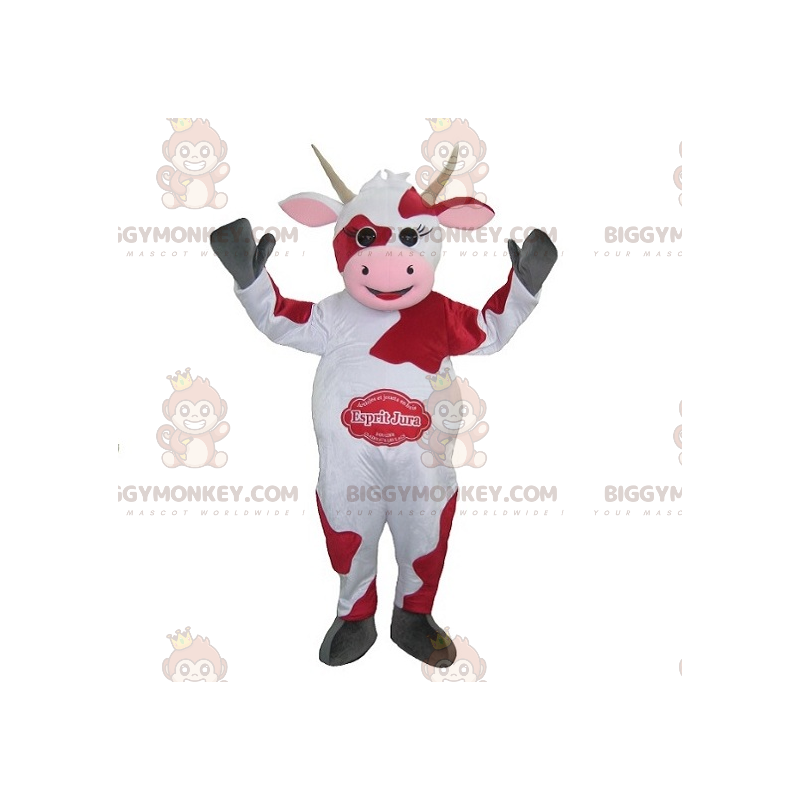 White and Red Cow BIGGYMONKEY™ Mascot Costume. Jura Spirit