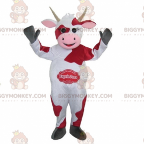 Costume da mascotte BIGGYMONKEY™ da mucca bianca e rossa.