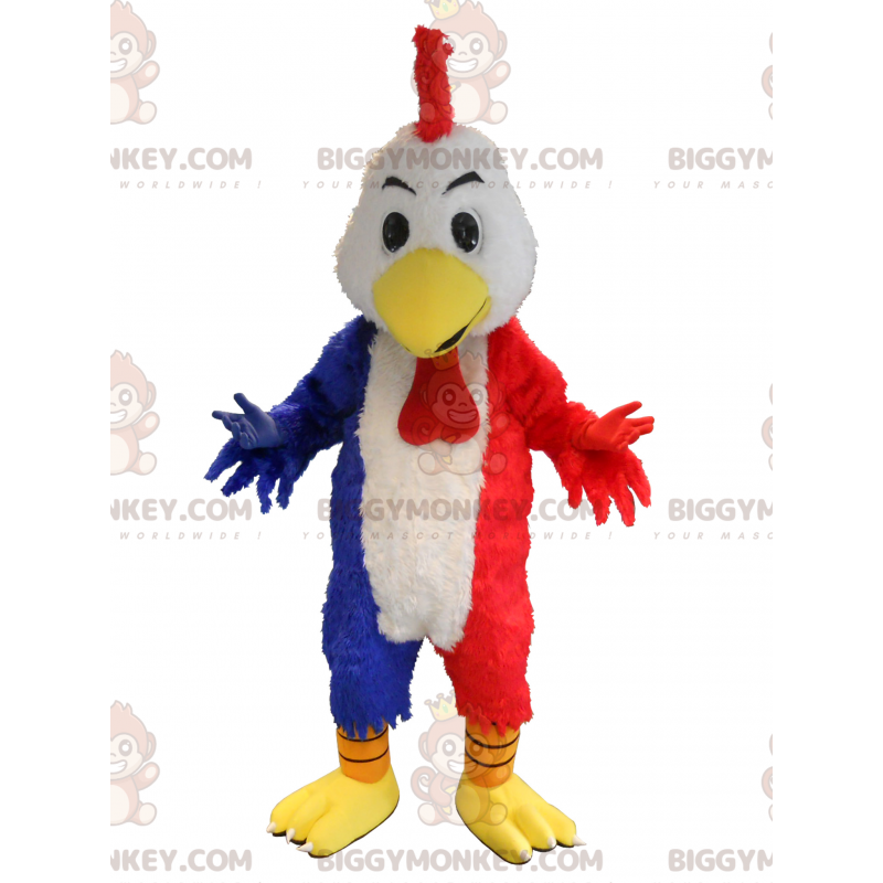 Blauw wit en rood kippenhaan BIGGYMONKEY™ mascottekostuum. -