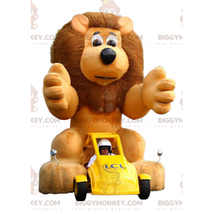 Fato de mascote BIGGYMONKEY™ de carro amarelo com um leão
