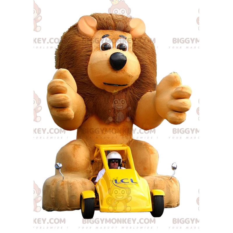 BIGGYMONKEY™ mascottekostuum van gele auto met bruine leeuw.