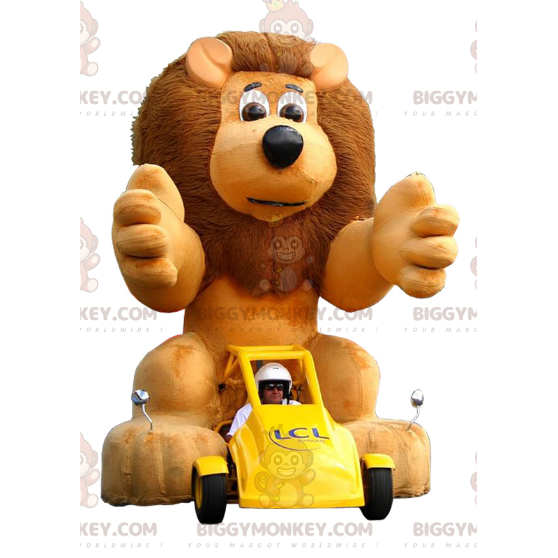 Fato de mascote BIGGYMONKEY™ de carro amarelo com um leão