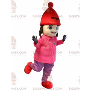 BIGGYMONKEY™ mascottekostuum van brunette meisje in ski-outfit.