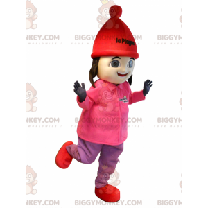 Kostým maskota BIGGYMONKEY™ tmavovlásky v lyžařském oblečení.