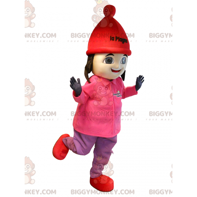 BIGGYMONKEY™ mascot costume of brunette girl in ski outfit.