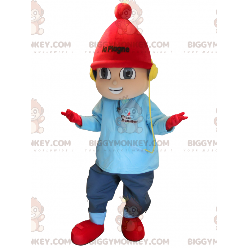 Little boy BIGGYMONKEY™ mascot costume dressed in winter gear.