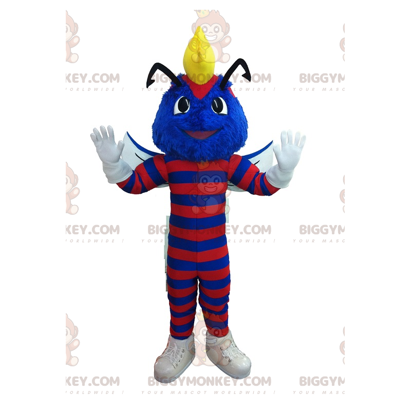 Kostým maskota s modrou a červenou housenkou proti hmyzu