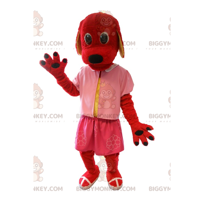 BIGGYMONKEY™ maskotdräkt av röd hund klädd i rosa. hunddräkt -