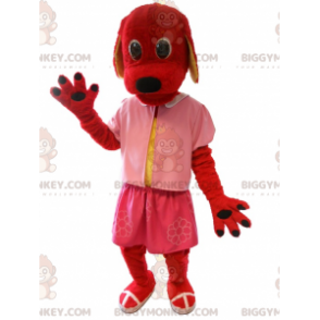 Στολή μασκότ BIGGYMONKEY™ με κόκκινο σκυλί ντυμένο στα ροζ.