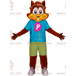 BIGGYMONKEY™ Brun bäverekorrmaskotdräkt med färgglad outfit -