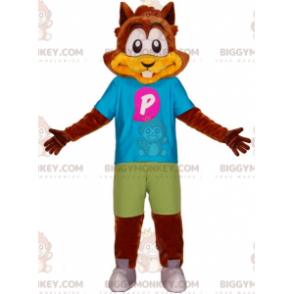 BIGGYMONKEY™ Brun bäverekorrmaskotdräkt med färgglad outfit -