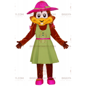 Traje de mascote Beaver BIGGYMONKEY™ com vestido verde e chapéu