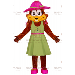 Στολή μασκότ Beaver BIGGYMONKEY™ με πράσινο φόρεμα και καπέλο -