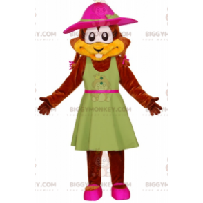 Traje de mascote Beaver BIGGYMONKEY™ com vestido verde e chapéu