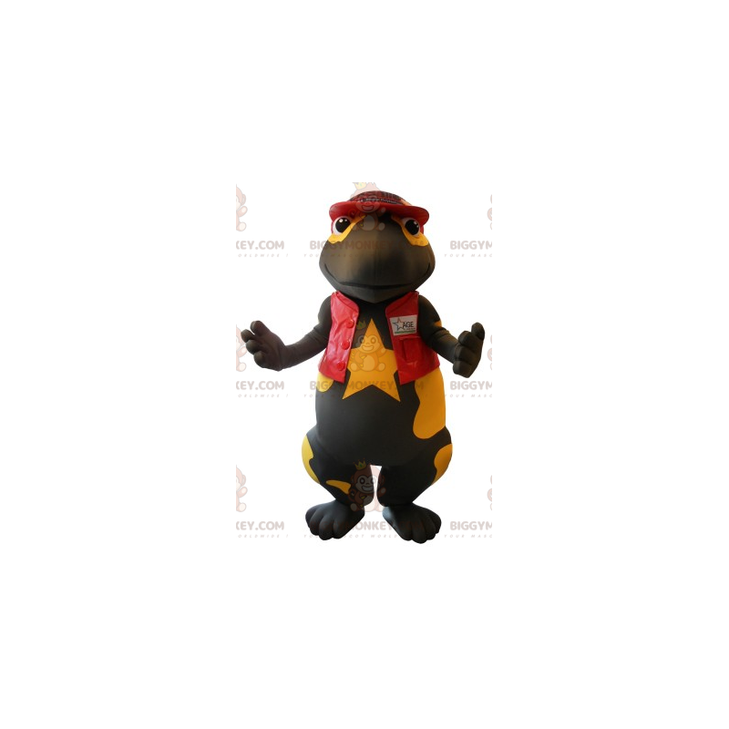 Traje de mascote de salamandra gigante preta e amarela