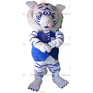 Costume da mascotte BIGGYMONKEY™ tigre bianca e blu.