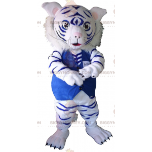 Weißer und blauer Tiger BIGGYMONKEY™ Maskottchen-Kostüm.