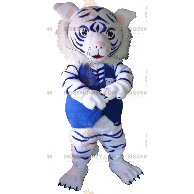 Costume de mascotte BIGGYMONKEY™ de tigre blanc et bleu.