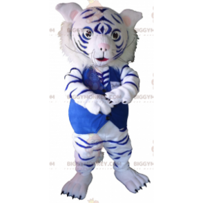 Costume da mascotte BIGGYMONKEY™ tigre bianca e blu.