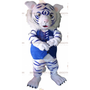Weißer und blauer Tiger BIGGYMONKEY™ Maskottchen-Kostüm.