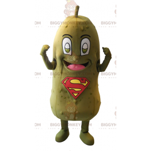 Grön pickle BIGGYMONKEY™ maskotdräkt med SuperMan-logotyp på