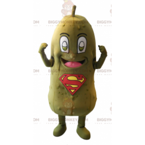 Green pickle BIGGYMONKEY™ mascot costume with SuperMan logo on