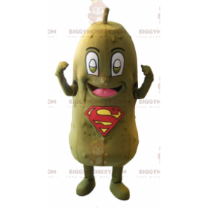 Grön pickle BIGGYMONKEY™ maskotdräkt med SuperMan-logotyp på