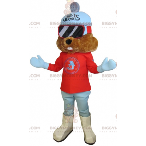 Brown Groundhog BIGGYMONKEY™ Mascot Costume Dressed In Ski