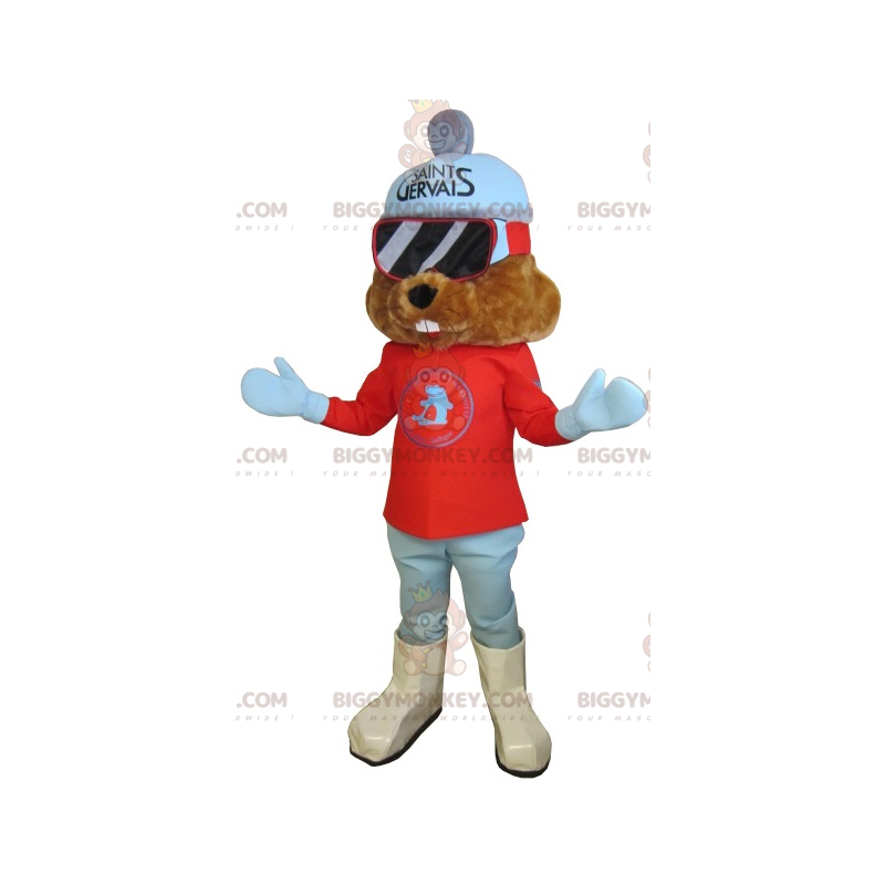 Brown Groundhog BIGGYMONKEY™ Mascot Costume Dressed In Ski