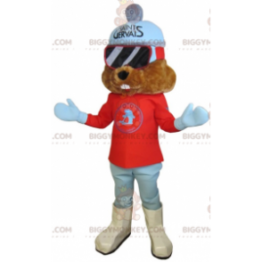 Brown Groundhog BIGGYMONKEY™ Mascot Costume Dressed In Ski