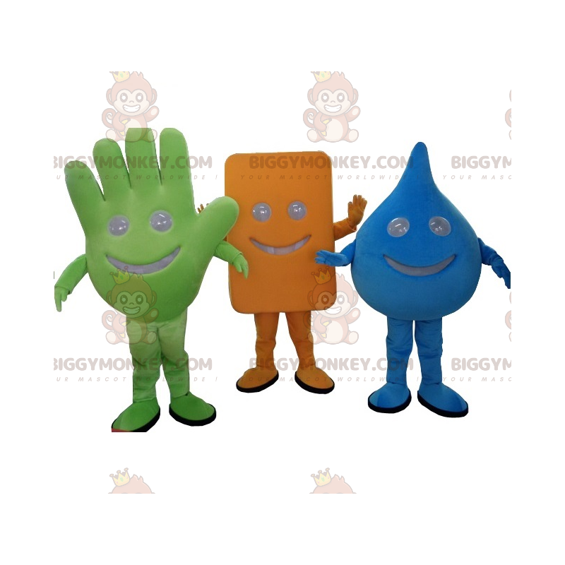 3 BIGGYMONKEY™s mascot: a green hand, a blue drop and a