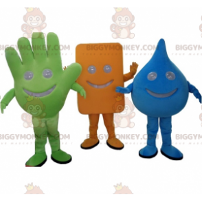 3 BIGGYMONKEY's mascotte: een groene hand, een blauwe druppel