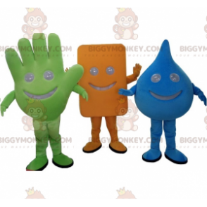 3 mascotte di BIGGYMONKEY™: una mano verde, una goccia blu e un